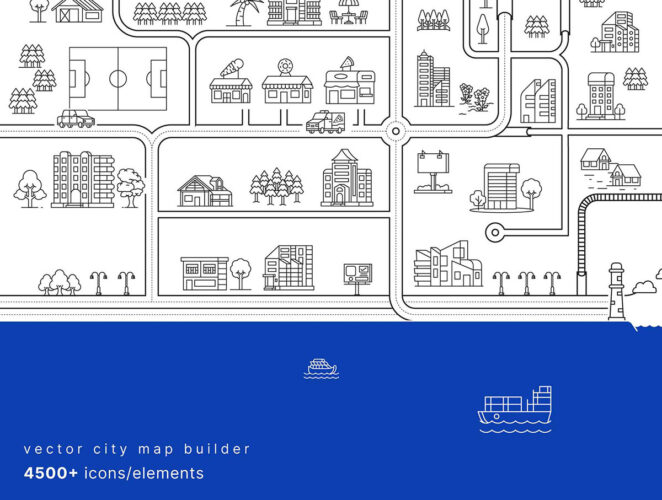 4500+矢量城市地图生成器地图设计图标和元素插图插画 Vector City Map Builder