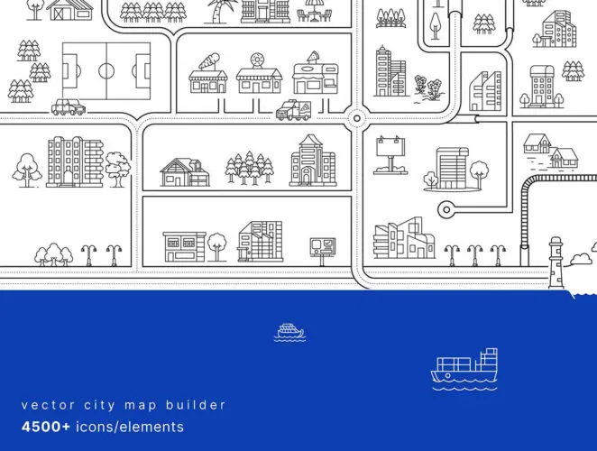 4500+矢量城市地图生成器地图设计图标和元素插图插画 Vector City Map Builder