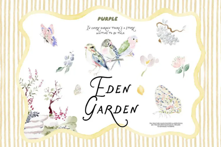 手绘自然花朵花卉植物水彩手绘鸟类插画图片设计 Eden Garden Watercolor Clipart
