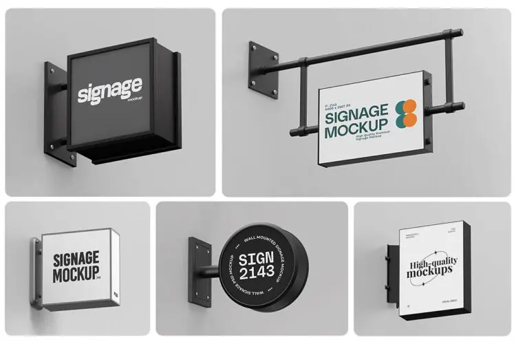 5款户外悬挂门头灯箱店招导视广告牌设计作品展示效果图ps样机 Storefront Wall Signboard Mockup Set