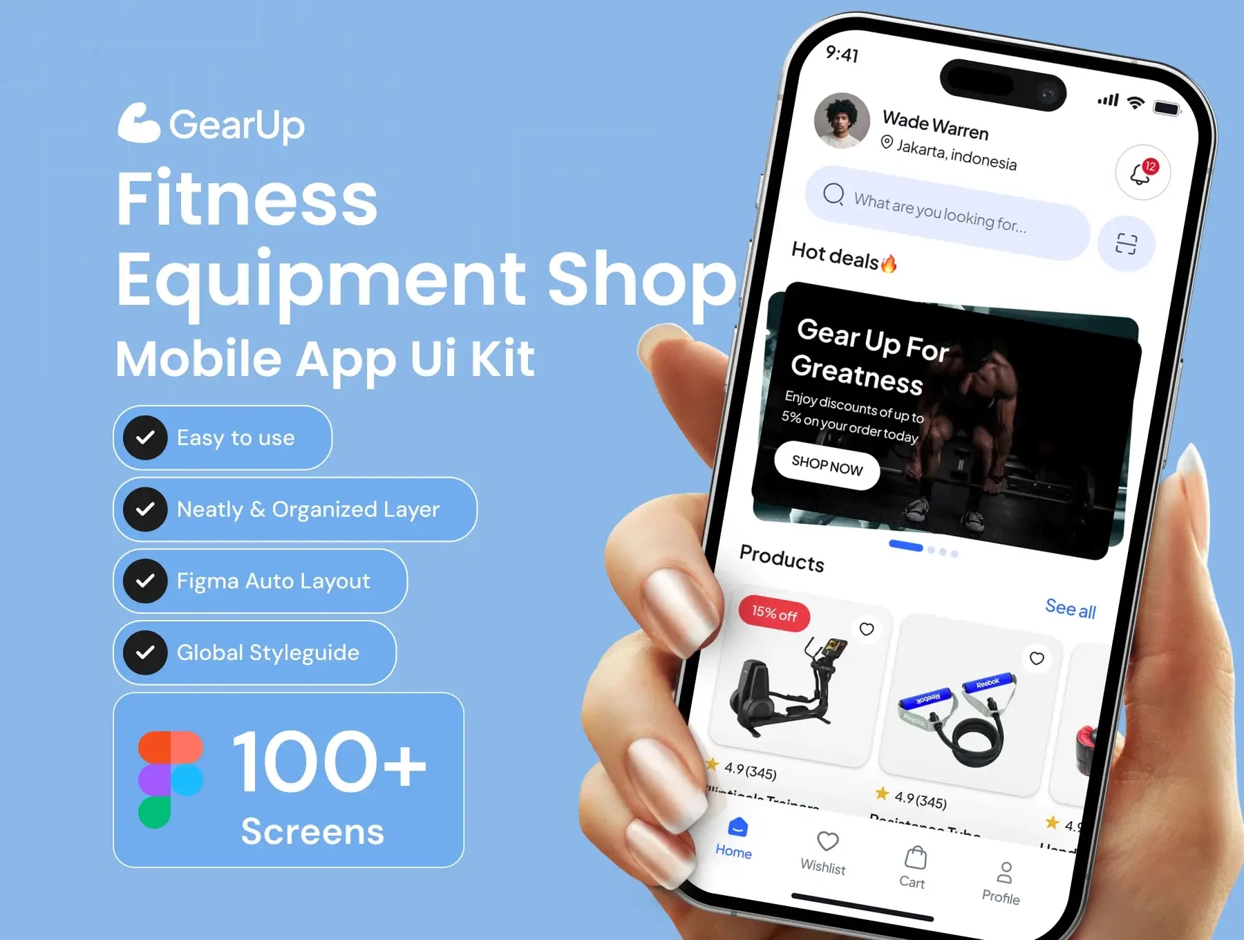 100+屏双配色健身器材配件运动服电子商城app ui界面设计figma模板套件 GearUp Fitness Equipment Shop App Ui Kit