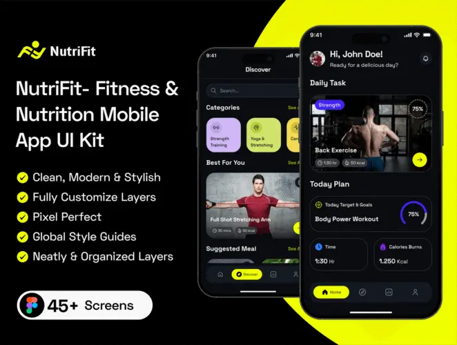 45屏健身锻炼训练在线课程教学app设计用户界面ui套件 NutriFit- Fitness & Nutrition Mobile App UI Kit