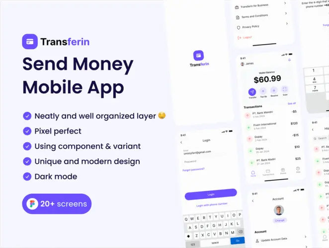20+屏财务管理交易在线支付电子钱包app ui界面设计figma模板 Transferin – Send Money Mobile App