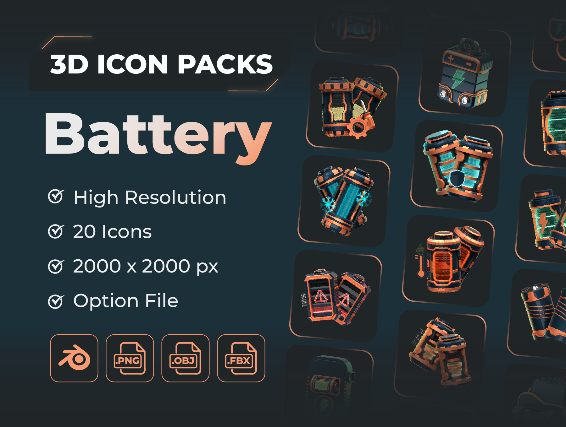 20款未来科技感电池3D立体icon图标png免抠图片素材 Battery 3D Icon Packs