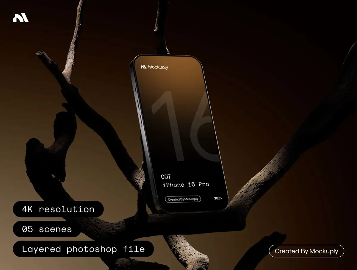 5款iPhone16手机App应用UI界面设计枯木原木场景展示效果图ps样机 iPhone 16 Pro – Wood Mockup