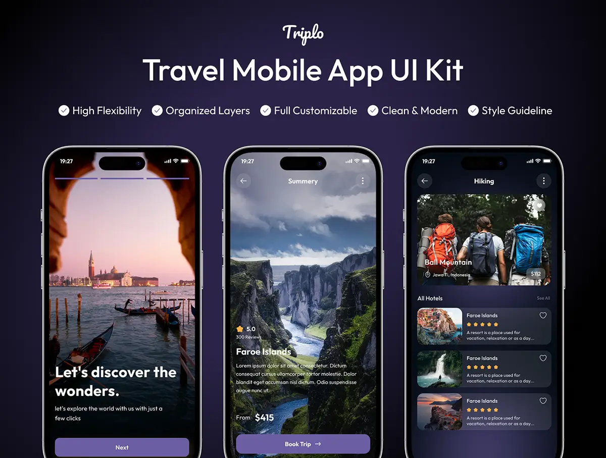 时尚简约旅游计划行程玩法攻略资讯旅行App应用ui界面设计模板 Triplo – Travel Mobile App UI Kit