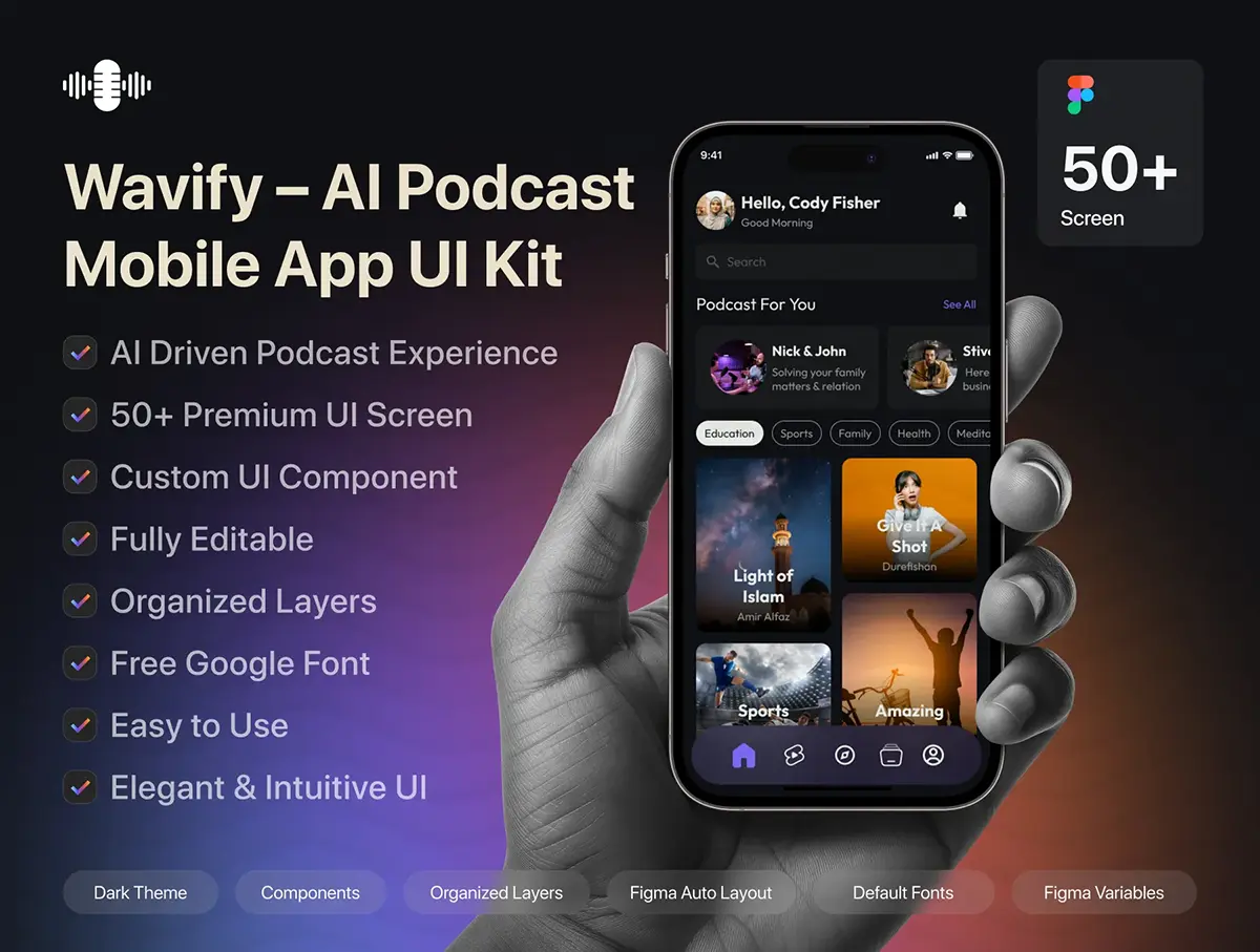 50屏网红主播播客Ai智能社交应用app设计用户界面ui套件模板 Wavify – AI Powered Podcast Mobile App UI Kit