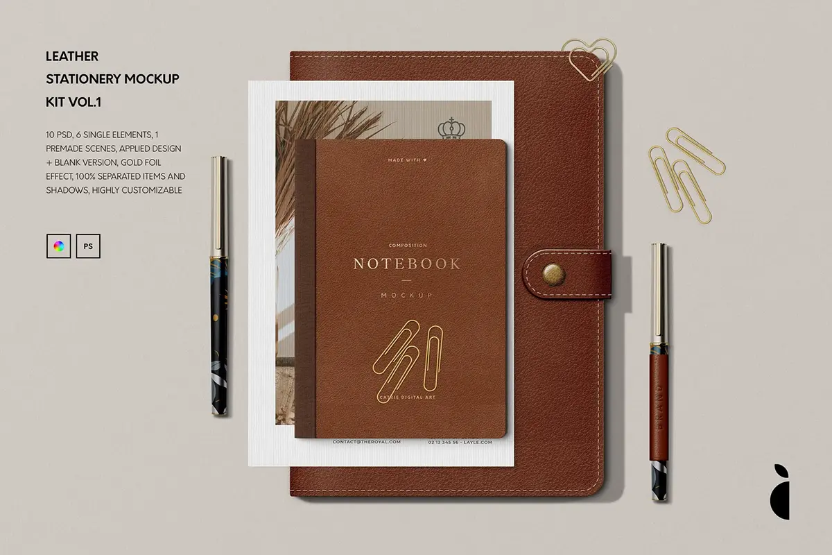 办公文具皮面记事本签字笔样机VI展示素材 Leather Stationery Mockup Kit VOL-1
