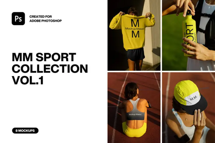 8款健身运动服装水壶鸭舌帽上衣单肩包设计作品展示效果图ps样机 Sport Collection V1