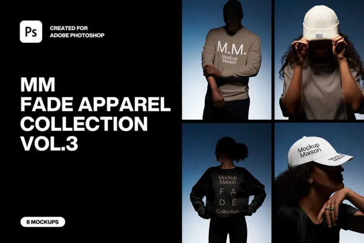 8款网红潮牌模特T恤卫衣帽子上衣鸭舌帽服装设计展示效果图ps样机 Fade Apparel Collection Vol-3