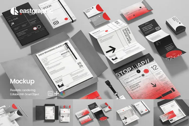 10款信封文具名片企业形象品牌VI应用设计作品展示效果图ps样机 Modern Stationery Branding Mockup