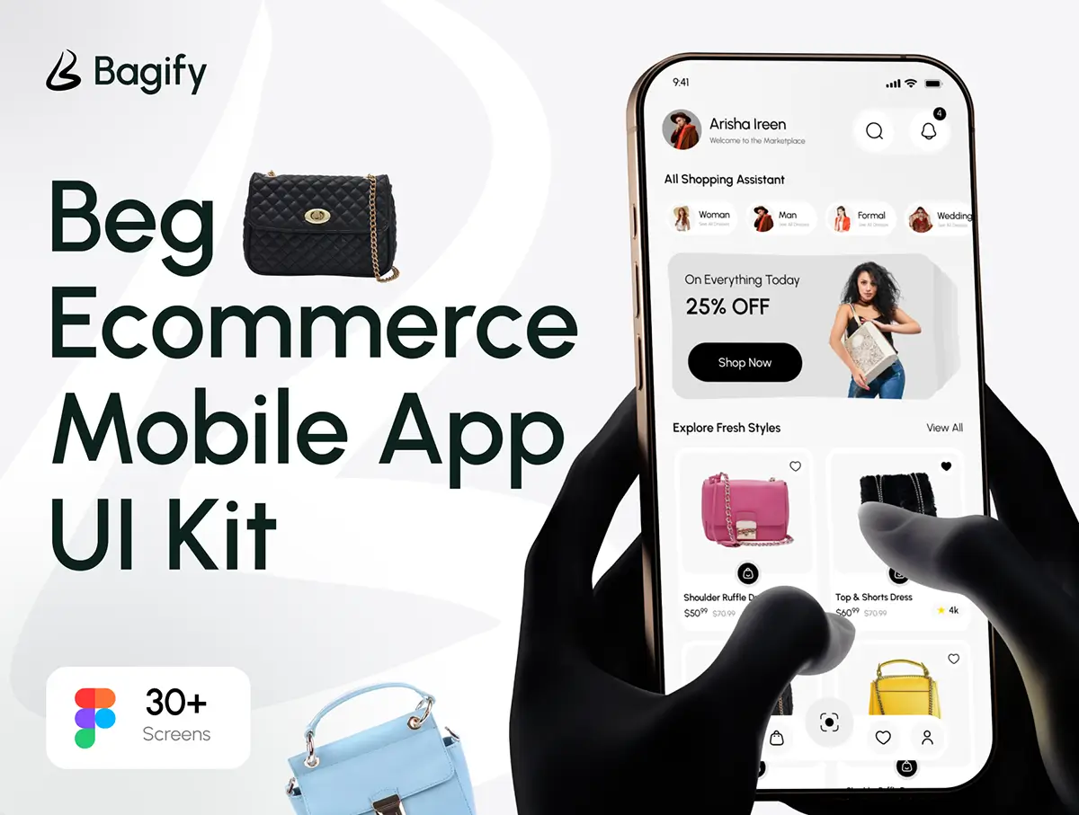 优秀的在线商城手机电商app界面设计卡片式组件ui模板 Bagify – Ecommerce Bag Shop App Design UI Kit