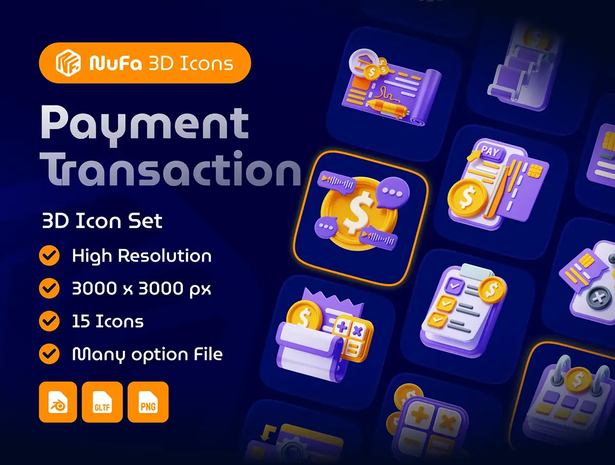 15款支付交易账单打折促销支付方式png免抠图3D图标icon设计素材 Payment Transaction 3D Icon Set