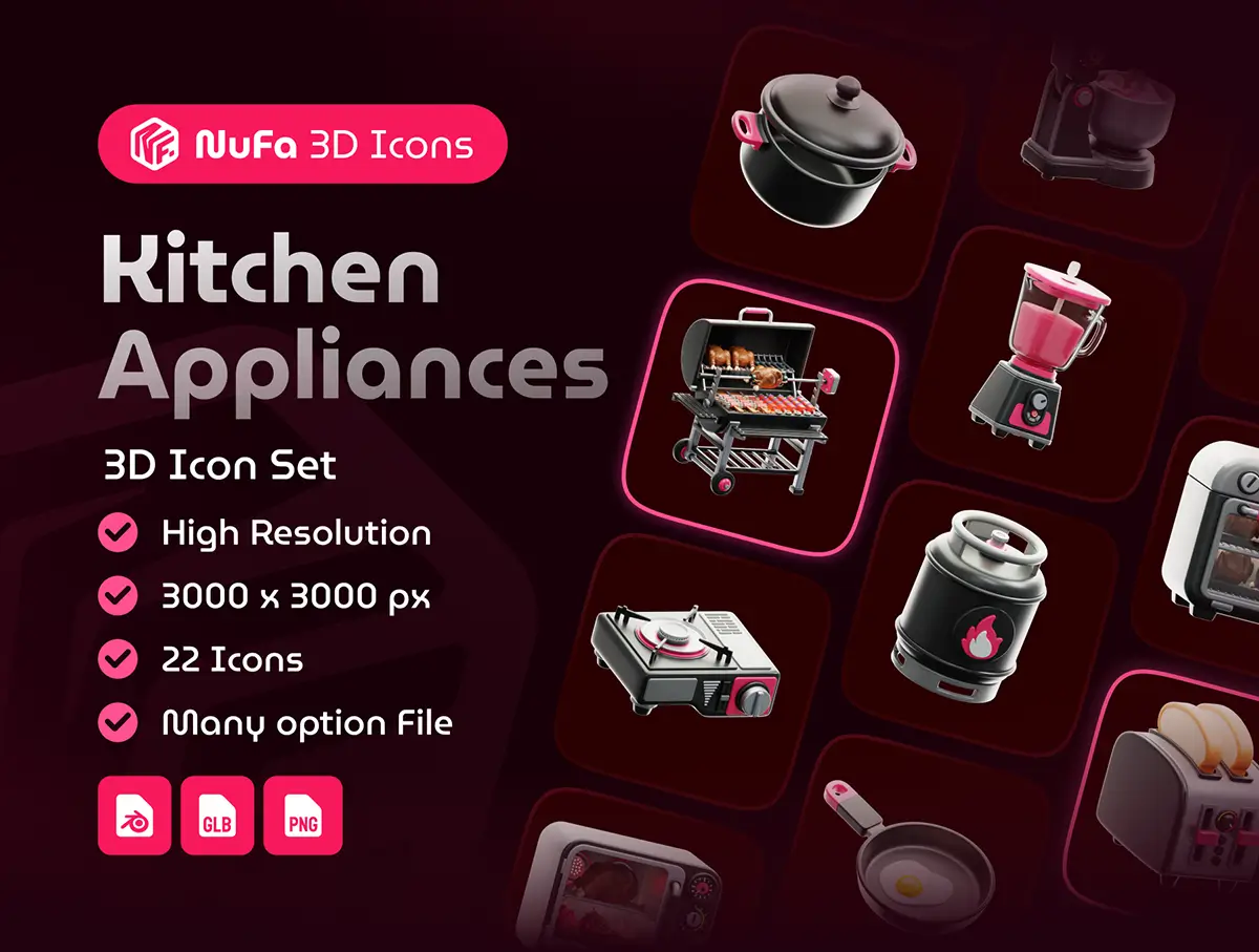 22款厨房烹饪厨具展示3D图标png免抠图片icon素材 Kitchen Appliances 3D Icon Set