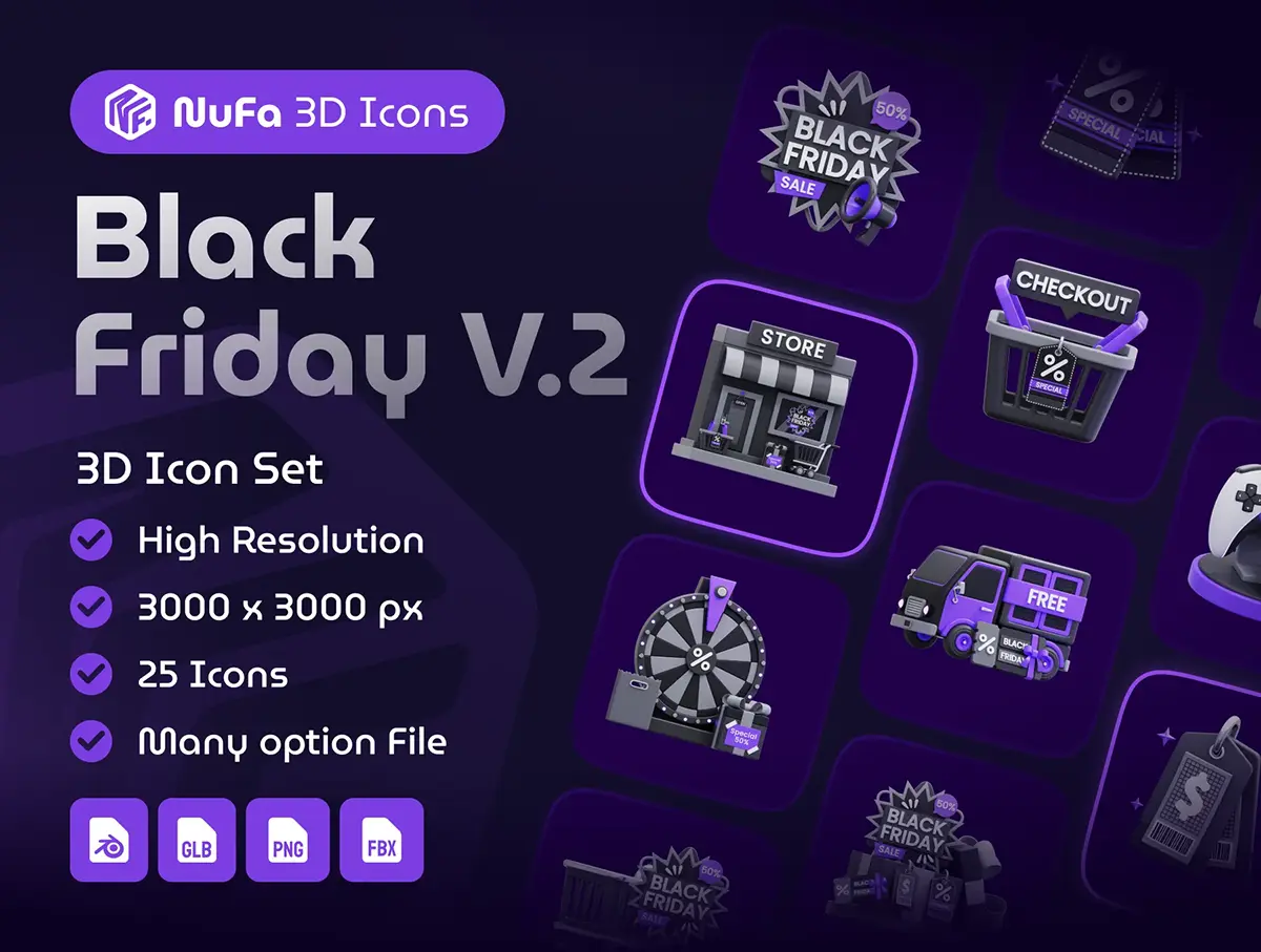 25款黑色星期五电商打折促销优惠活动3D图标icon素材png免抠图文件 Black Friday V.2 3D Icon Set