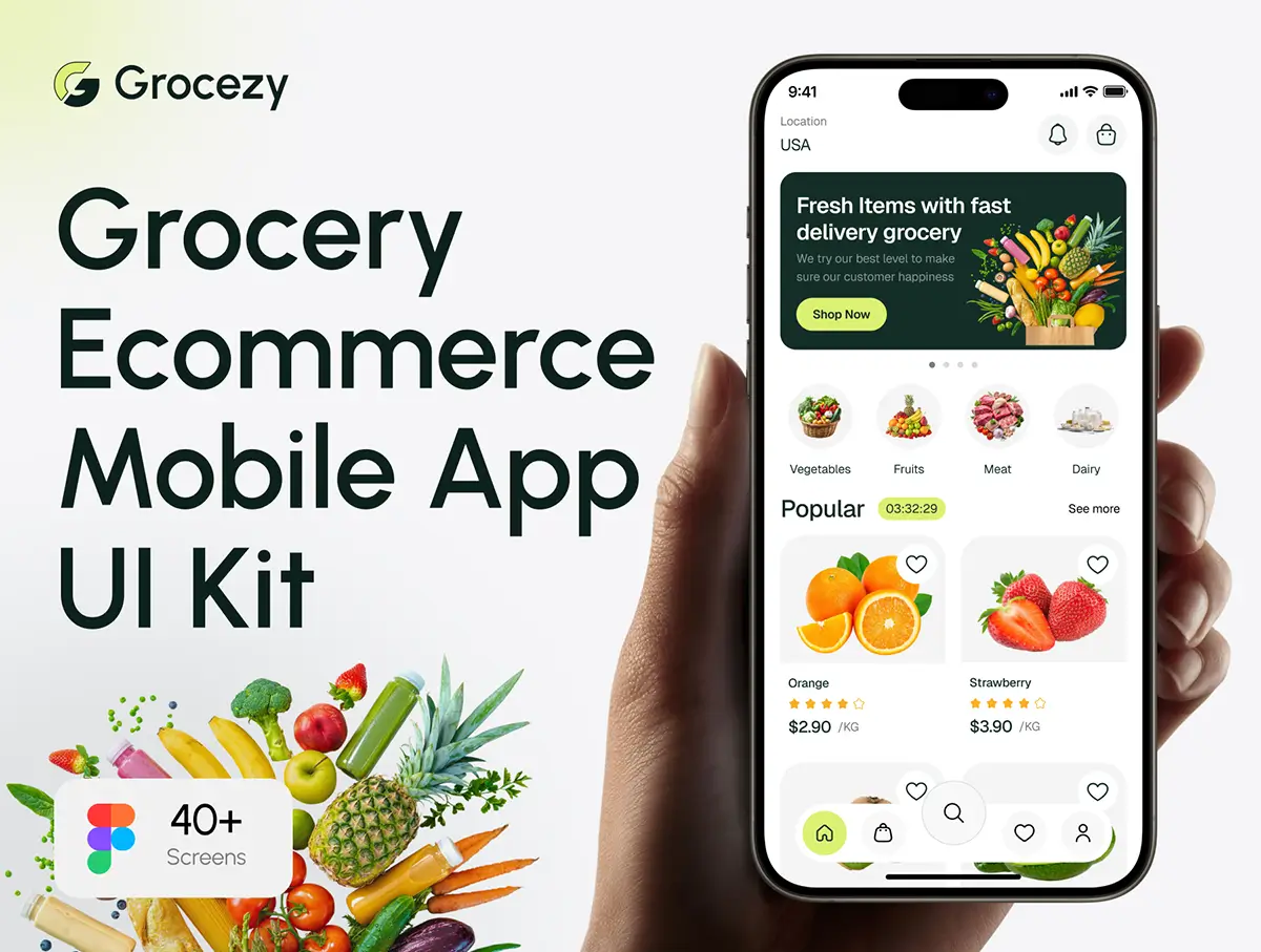 40+屏移动电商购物应用用户界面app设计ui套件模板 Grocezy – Grocery Ecommerce Mobile App UI Kit