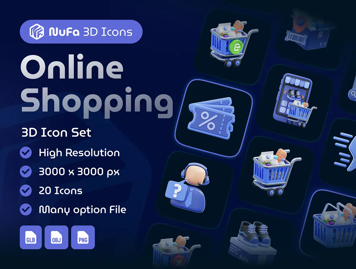 20款电商在线购物网购3D图标icon素材png免抠图 Online Shopping 3D Icon Set