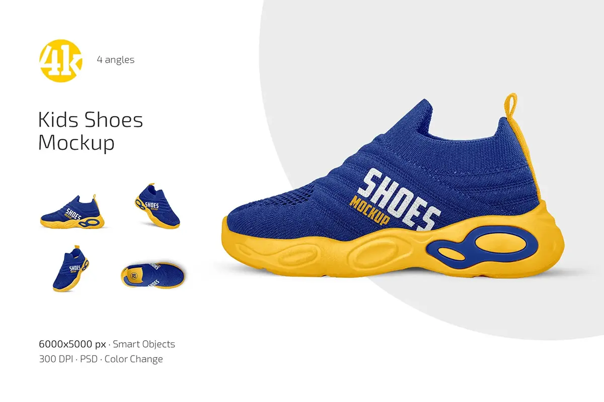 4款时尚儿童运动鞋模型品牌logo标识设计贴图ps样机素材模板 Kids Shoes Mockup Set