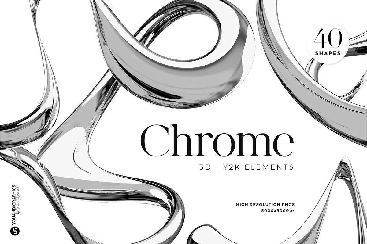 40款银色3D华丽镀铬哑光液体金属抽象几何图形png免抠图片素材 Abstract 3D Chrome Elements