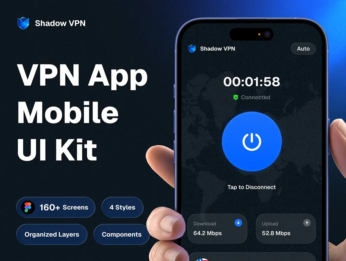 160+屏高品质手机移动VPN网络代理应用程序app设计用户界面ui套件明暗模板 VPN Mobile UI Kit – Shadow VPN