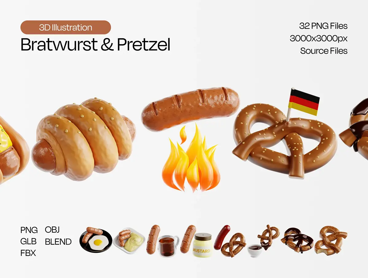 32款香肠椒盐卷饼德国快餐元素3D立体icon图标设计素材png图片 Bratwurst & Pretzel 3D Icon Set