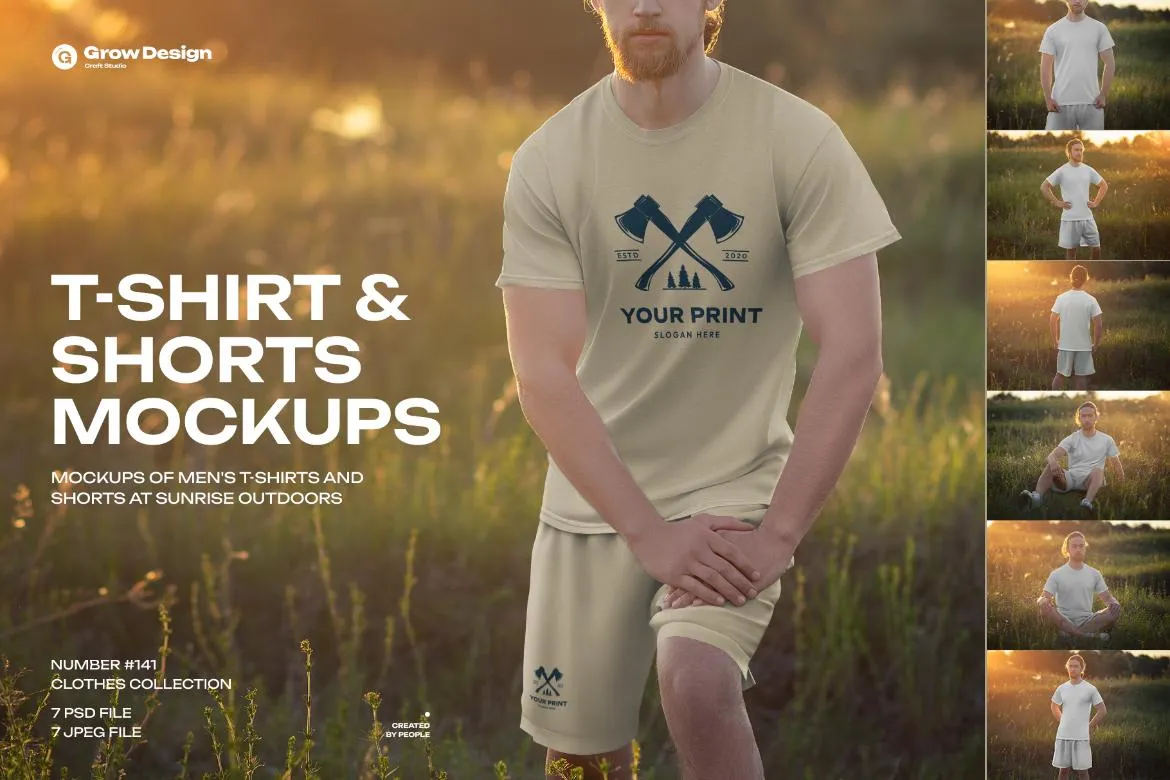 7款清晨户外运动男式T恤和短裤的实物模型PSD分层素材 7 Mockups of Men’s T-Shirt and Shorts Outdoors at Dawn