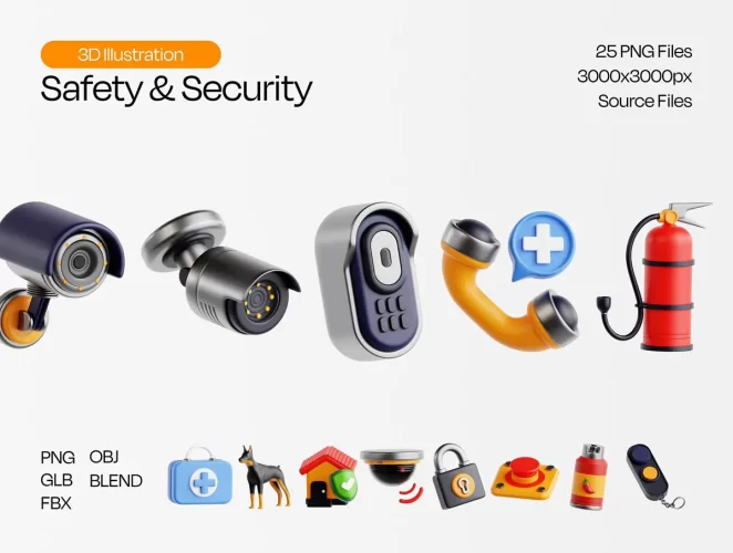 20款高级质感3D立体安全防护警报急救设备插图icons图标 Safety & Security 3D Icon Set