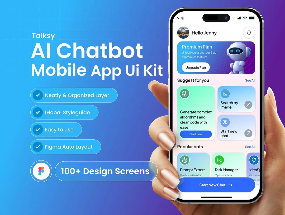 100+屏AI人工智能聊天机器人移动应用App软件交互ui界面设计模板 Talksy AI Chatbot Mobile App UI Kit