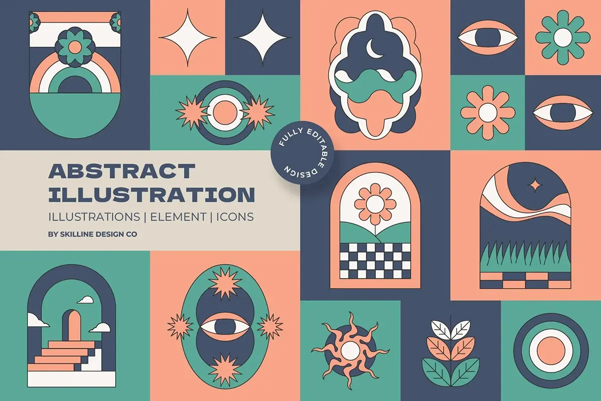 时尚几何风抽象艺术复古手绘插画绘画AI矢量图形设计素材 Abstract Illustration Collection