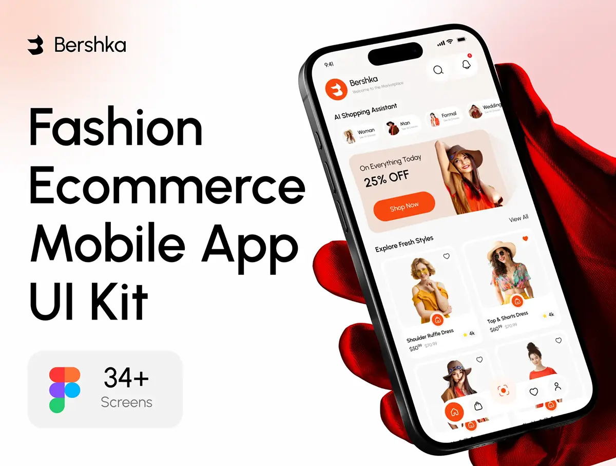 34屏时尚简约服装品牌电商线上购物App应用小程序UI界面设计模板 Bershka – Fashion Ecommerce Mobile App UI Kit