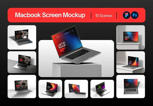 工业风Macbook笔记本电脑网站网页UI设计作品展示效果图ps样机 Macbook Screen Mockup Set – 10 Scene
