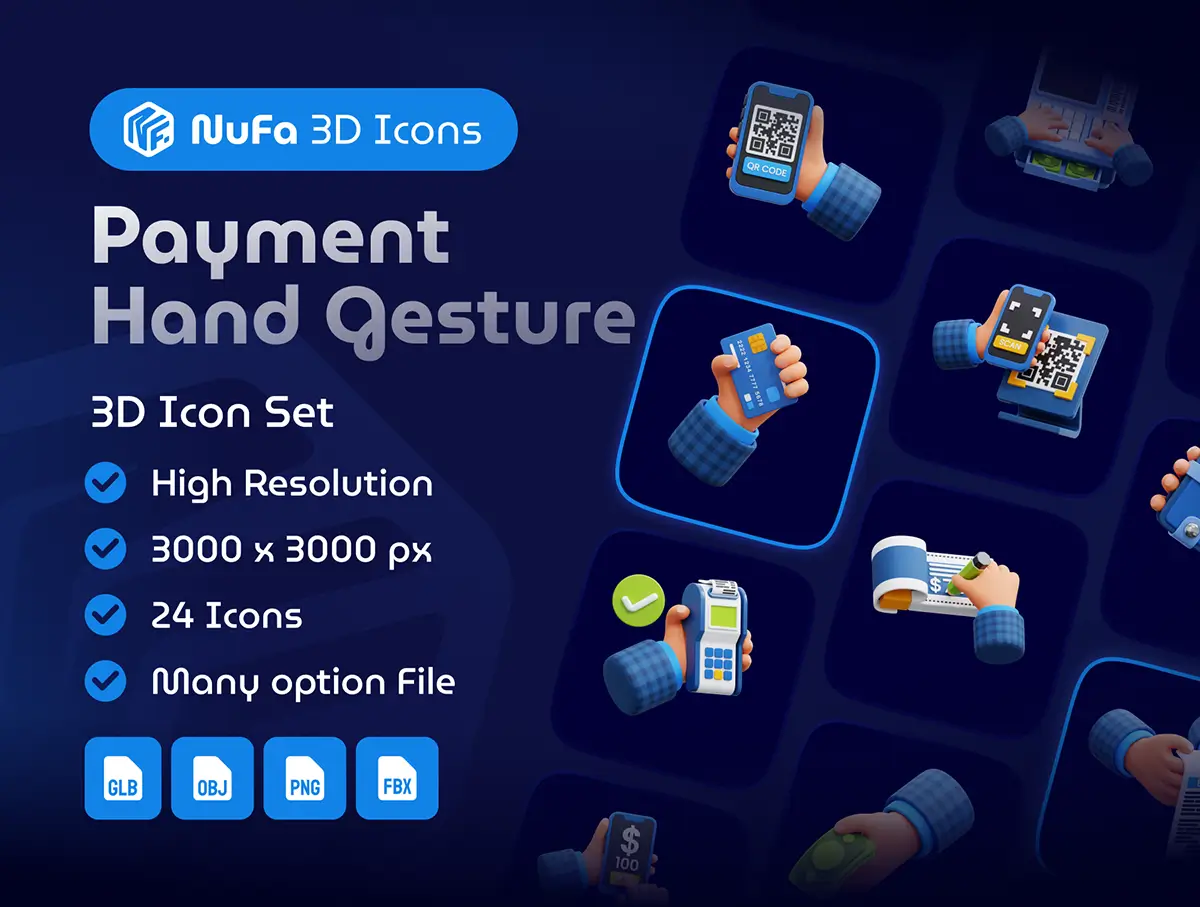 24 款手持智能手机支付手势3D插图插画png免抠图设计素材 Payment Hand Gesture 3D Icon Set