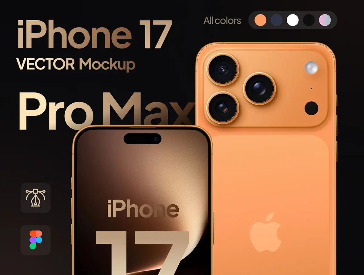 5配色iPhone 17手机App应用ui界面设计作品展示效果图fig矢量素材 Iphone 17 Pro Max Mockup Vector Figma