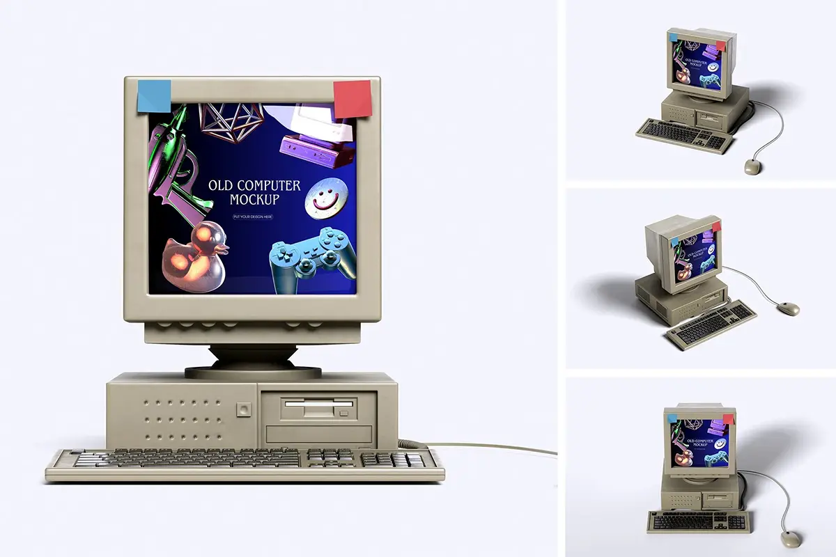 复古老式台式电脑计算机模型屏幕展示设计贴图ps样机素材模板 Old Computer Mockup