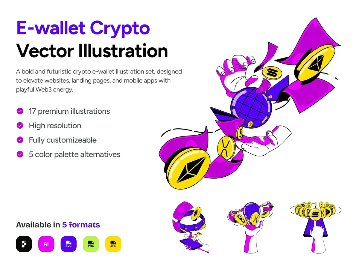 17款未来主义电子加密货币钱包手绘插画插图ai/figma格式设计素材 E-Wallet Crypto Illustration Pack
