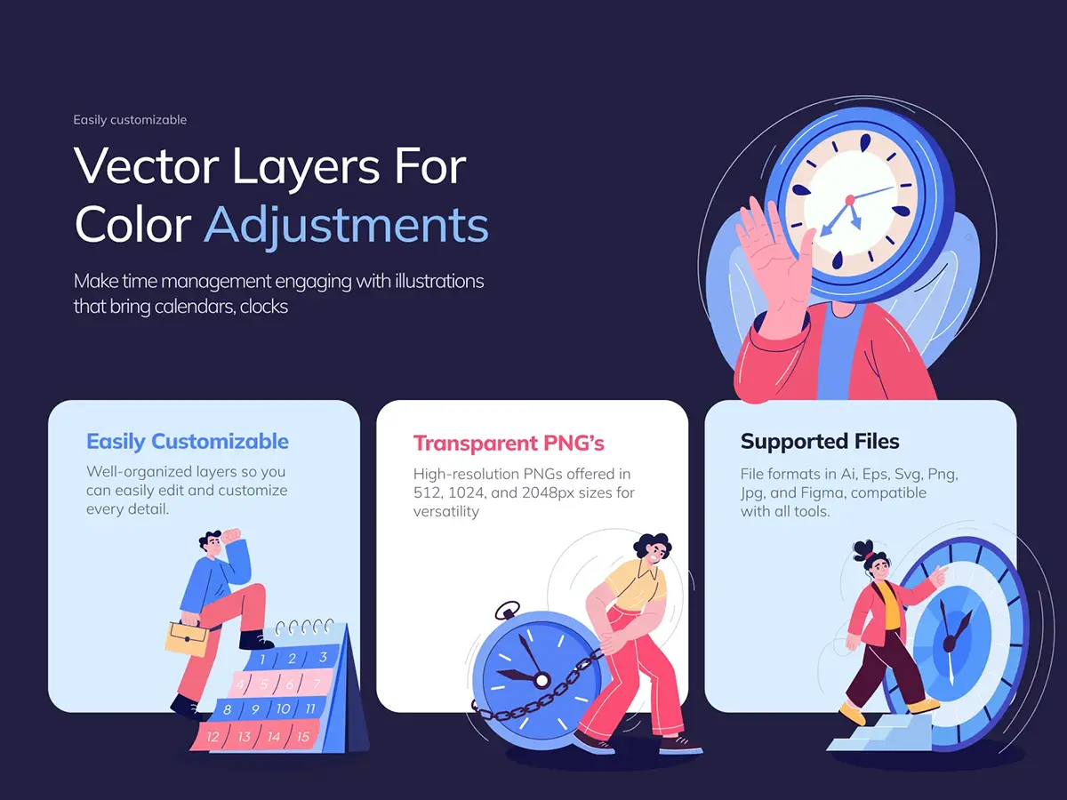 扁平风格时间管理插画插图矢量设计素材 Time Management Illustration Art Set
