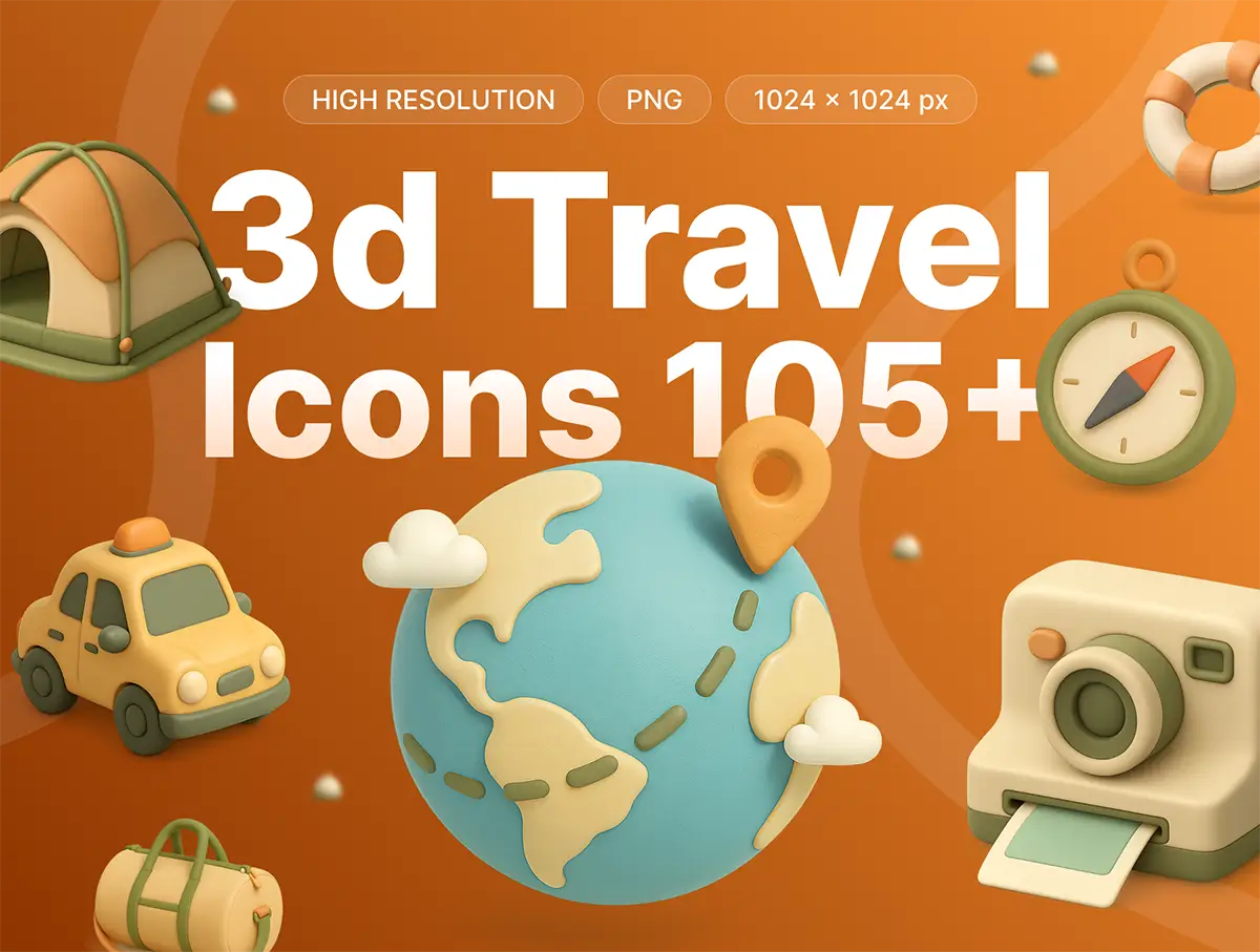 108款3D立体卡通旅行旅游度假露营icon图标插图png免抠设计素材 Traveling 3D Assets