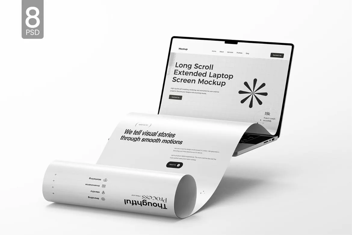 8款Macbook笔记本电脑网页网站长页面UI设计作品展示效果图PS样机 Laptop Long Scroll Screen Mockup