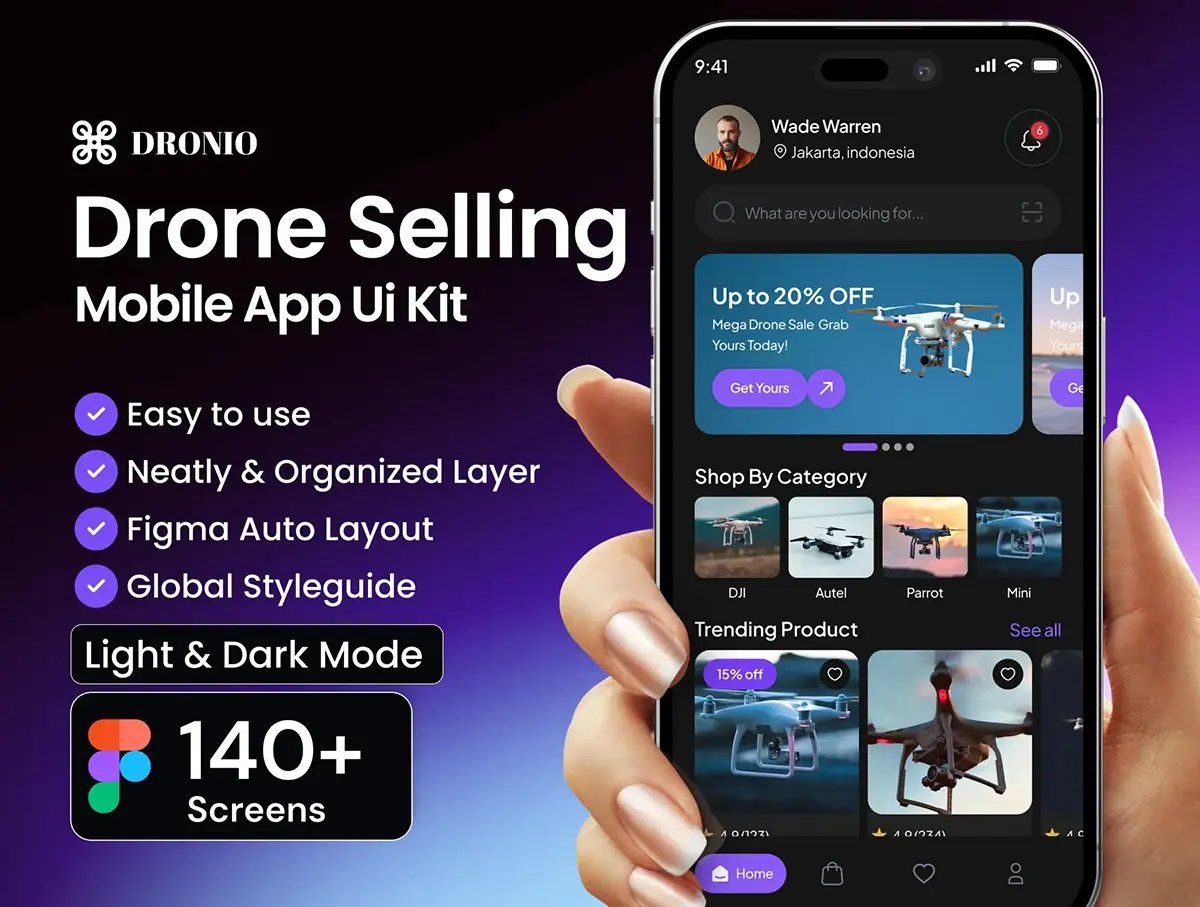 140+屏移动电商无人机销售电子商务app设计用户界面ui套件模版 Dronio Drone Selling E-Commerce App UI Kit
