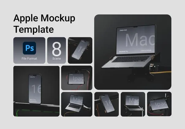 8款机械工业风iPhone手机iPad平板Macbook笔记本电脑ps样机素材 Apple Mockup Template