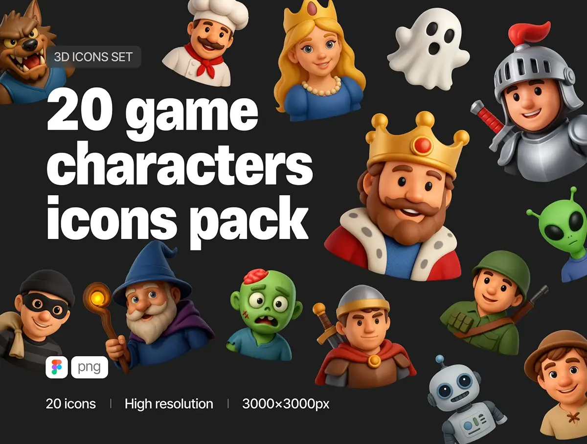 20款卡通可爱3D游戏角色人物插画图标png免抠图片素材 Game Characters Set  20pcs Heroes & Villains 3D Icons