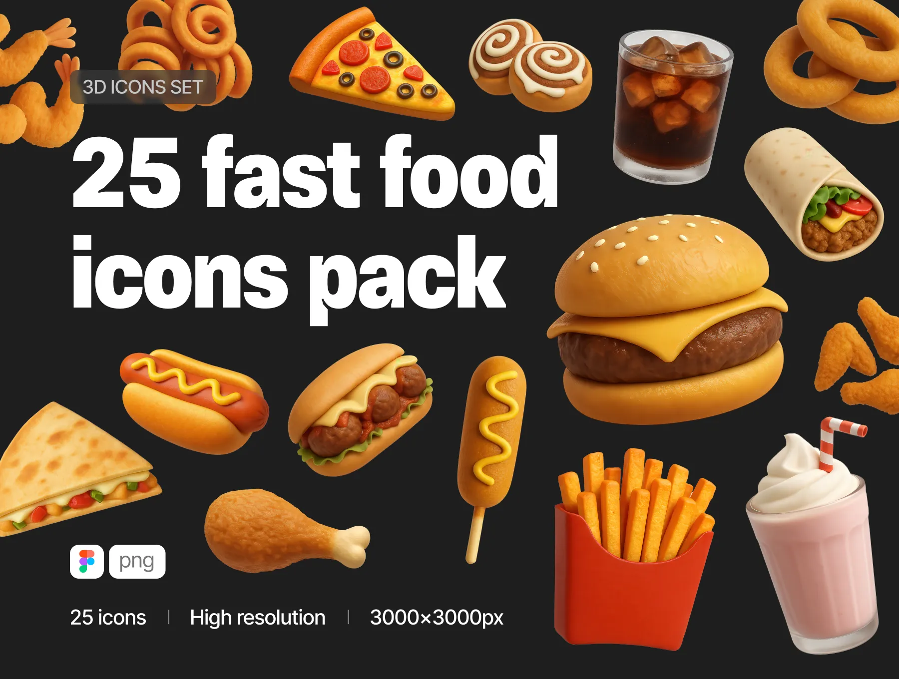 25款3D卡通汉堡薯条快餐披萨插图插画icon图标png免抠图片素材 Fast Food Pack 25pcs 3D Icons