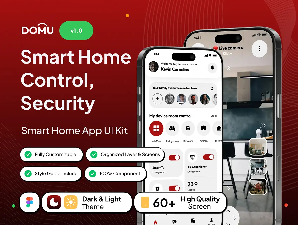 家庭安全监控智能家居安防系统交互App应用UI界面设计fig套件模板  Domu – Mobile Smart Home App Ui Kit