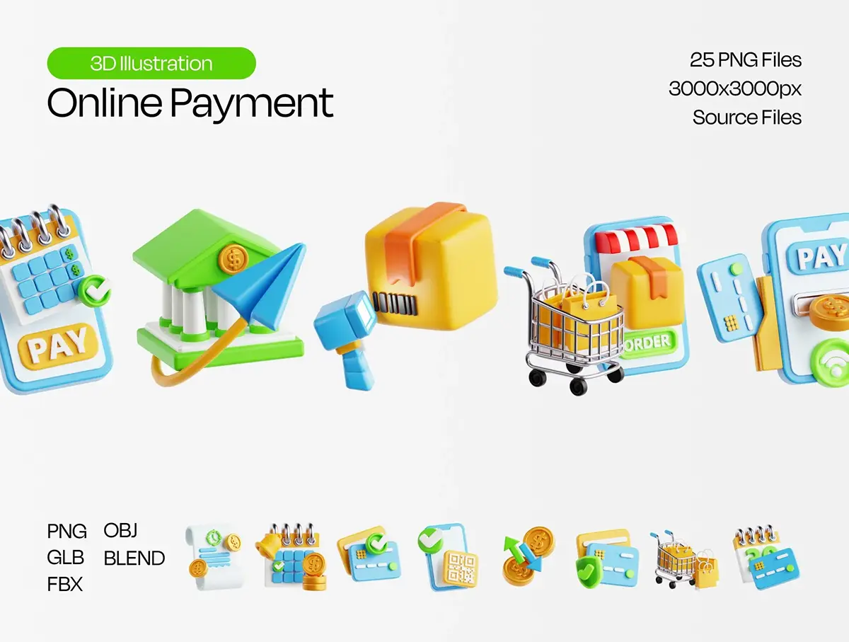 25款电商在线购物网购3D图标icon素材png免抠图 Online Payment 3D Icon Set