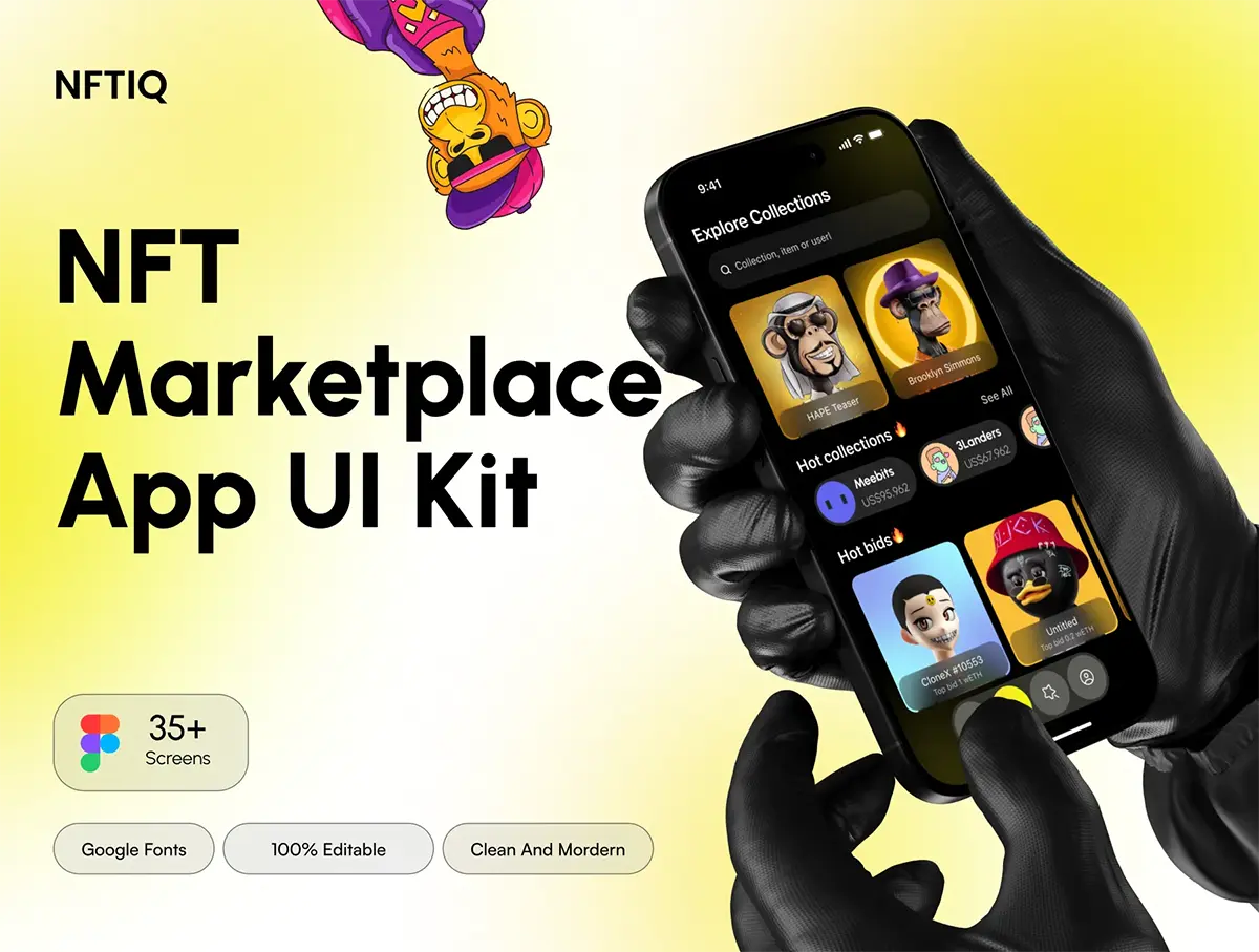 35+屏创意NFT虚拟物品艺术品加密货币在线交易平台app ui界面设计figma模板 NFTIQ – NFT Marketplace App UI Kit