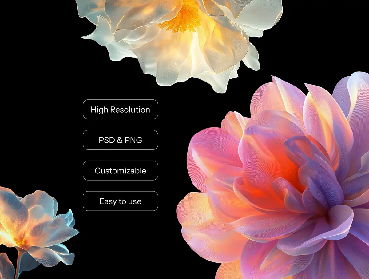32 个 AI 生成的抽象花卉渲染图- PNG & PSD 包（可自定义颜色）32 AI-Generated Abstract Flower Renders – PNG & PSD Pack (Customizable Colors)