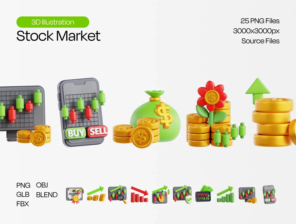 25款金融股票市场应用演示3D插图插画png免抠图片 Stock Market 3D Icon Pack