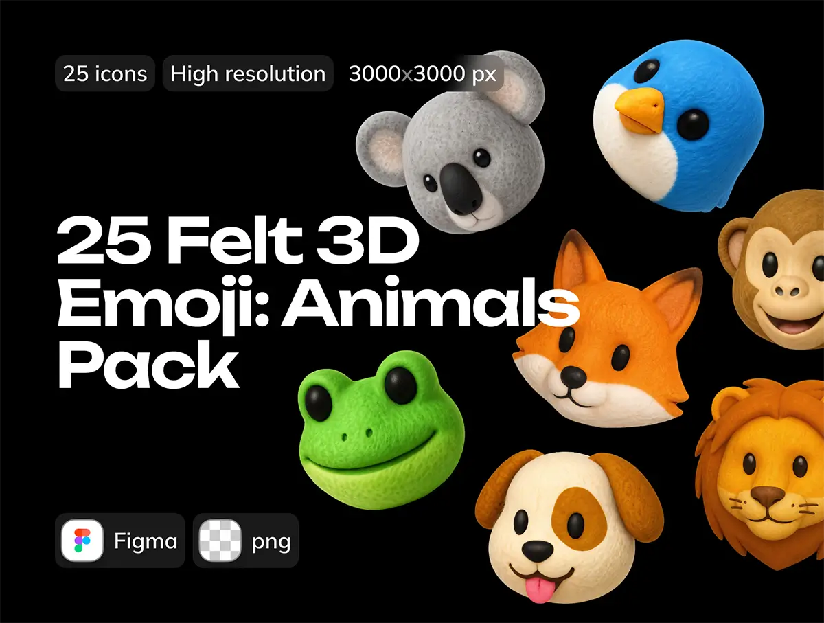 25款可爱趣味卡通3D立体动物宠物儿童插图插画png免抠图片素材 Felt 3D Emoji Animals Pack
