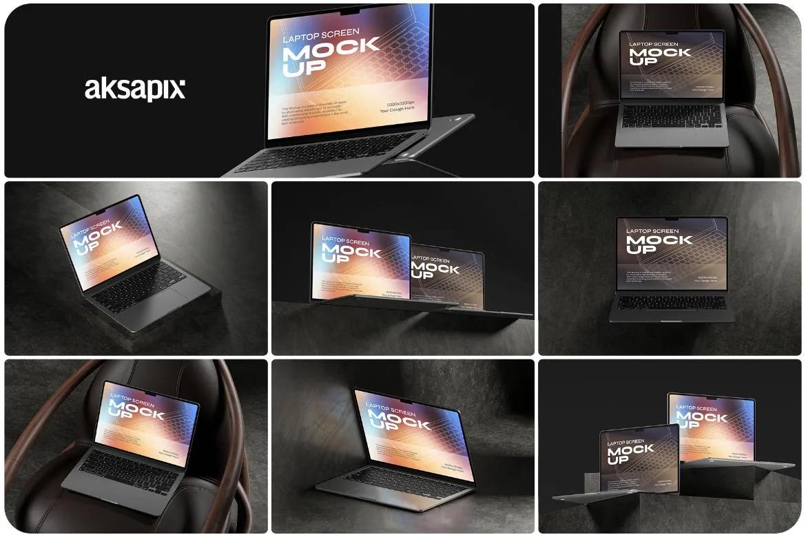 8款混凝土背景网站界面UI设计苹果MacBook笔记本电脑贴图PSD样机模板 Laptop Screen Macbook Mockup – Bundle
