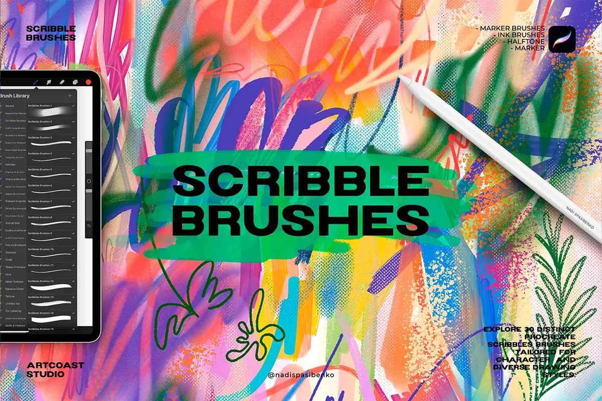 30+款潮流涂鸦马克笔铅笔水墨喷涂绘画procreate笔刷画笔设计素材 Scribbles Brushes for Procreate